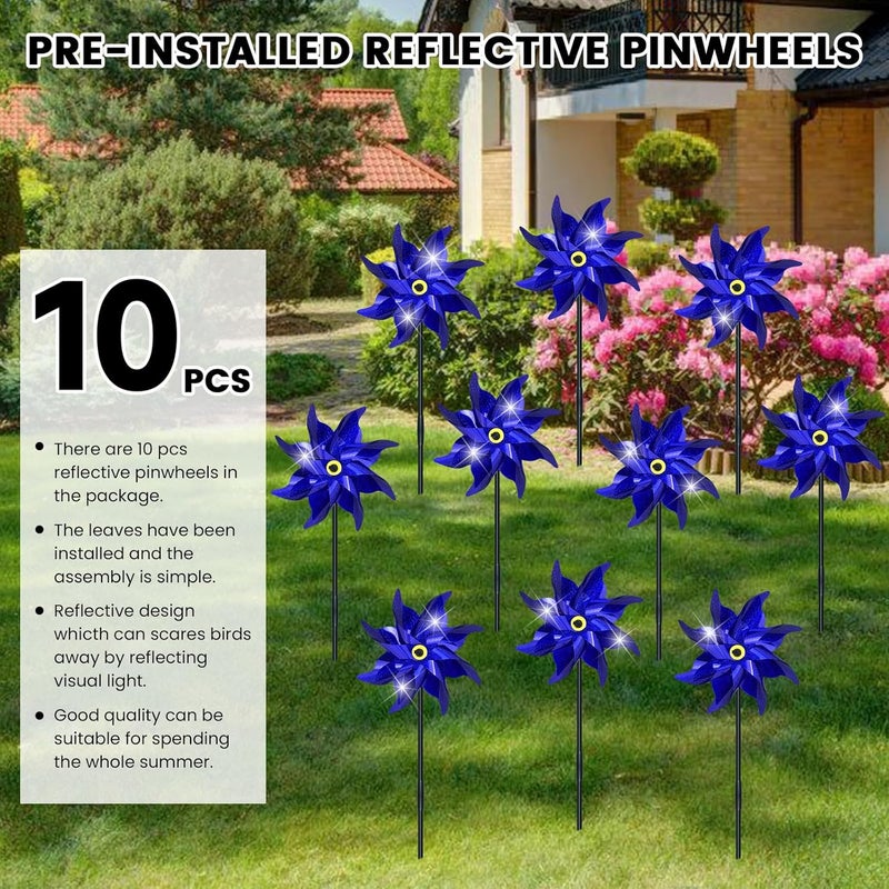 DECEED 10 PCS Reflective Pinwheels for Yard and Garden Bird Devices Pre-Installed Sparkly Wind Spinner Deterrent to Scare Birds Away from Yard Patio Farm (Blue) - Image 2